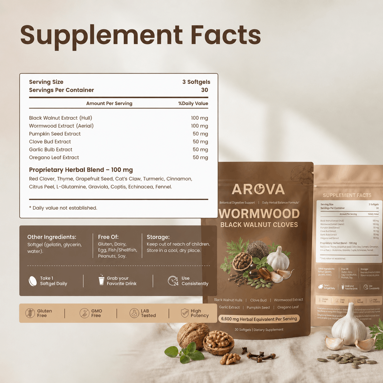 Arova - Wormwood Aged Black Walnut & Clove Softgels